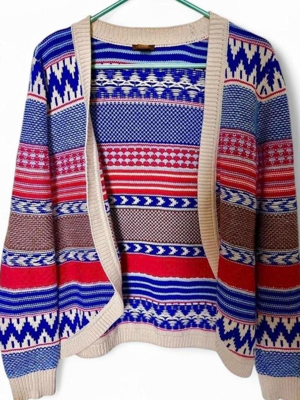 Red blue and cream boho knit open-front cardigan